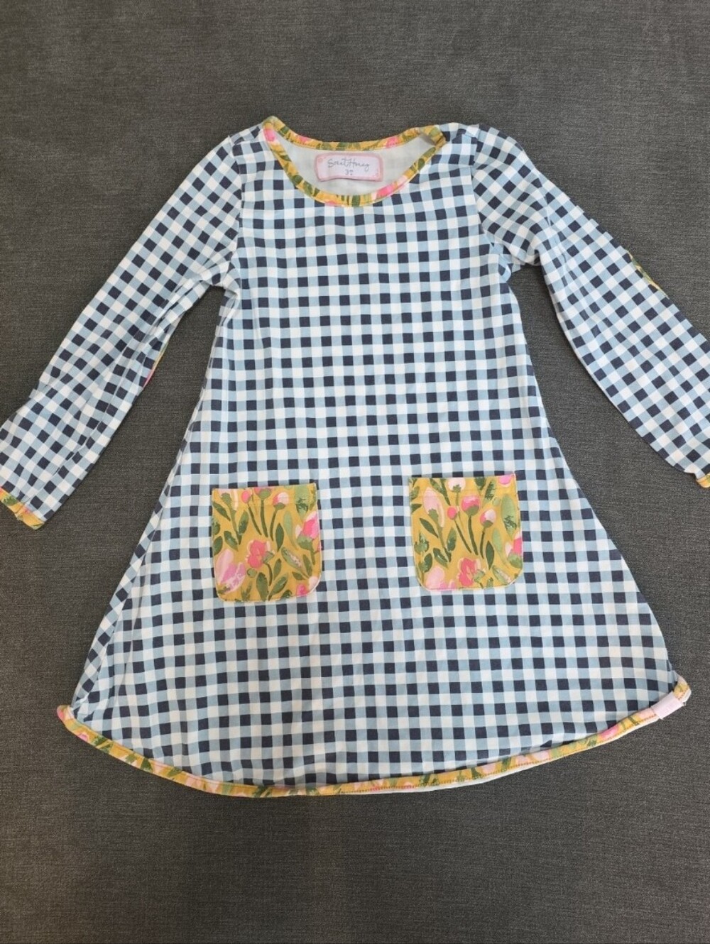 SweetHoney Navy White Gingham Style Dress w/ Floral Pockets 3t Long Sleeves Fall
